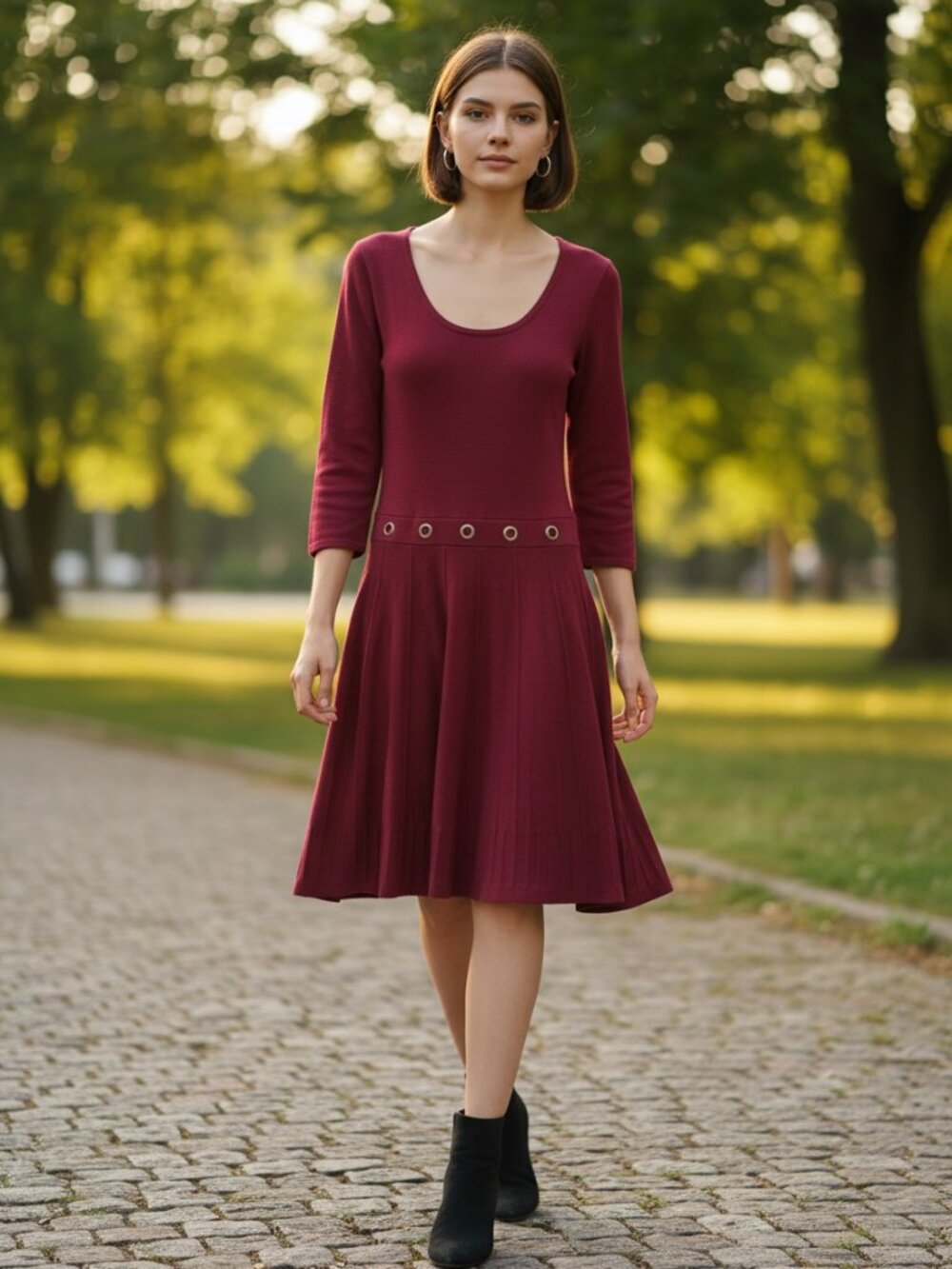 IZ Byer Women’s XL Burgundy Sweater Dress Pleated Skirt 3/4 Sleeve